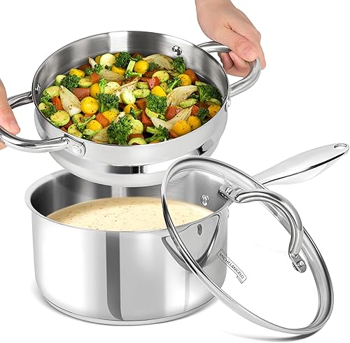 MICHELANGELO Cacerola de acero inoxidable con tapa y vaporera, sartén de 3 cuartos de galón con tapa, olla de vapor con boquilla de vertido, olla de