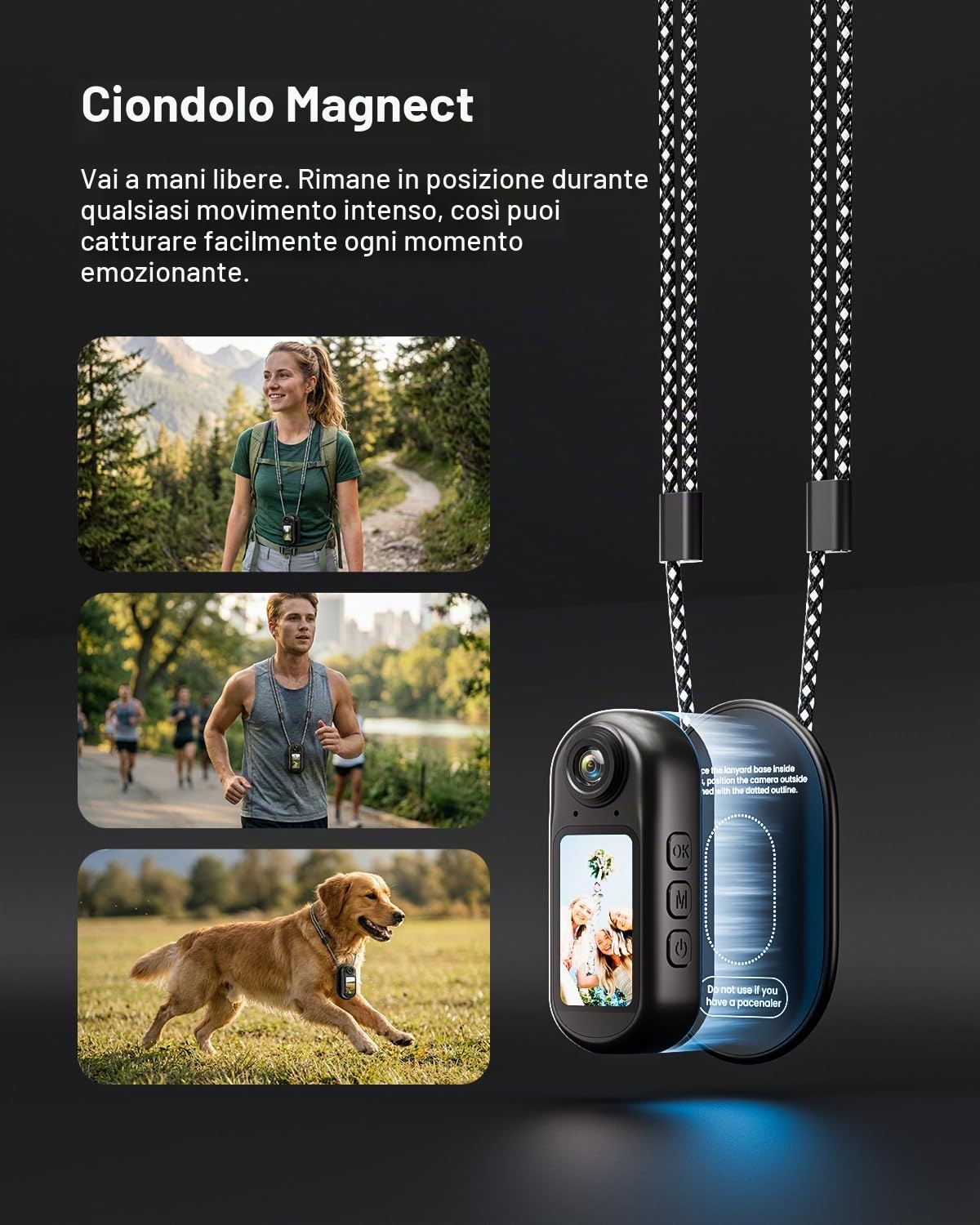 Mini Action Cam 4K WiFi, body camera portatile 128 GB, dimensione pollice | cordino magnetico, registrazione vivavoce, fotocamera per animali domestici, viaggi, lavoro, sport acquatici