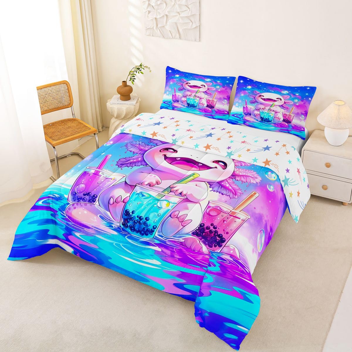 Homewish Uroczy zestaw pojedynczej kołdry Axolotl - dla chłopców Pruple Blue Milk Tea zestaw pościeli księżniczka tęczowy aksolotl zestaw kołdry - kolorowe gwiazdy chmura poszewka na kołdrę