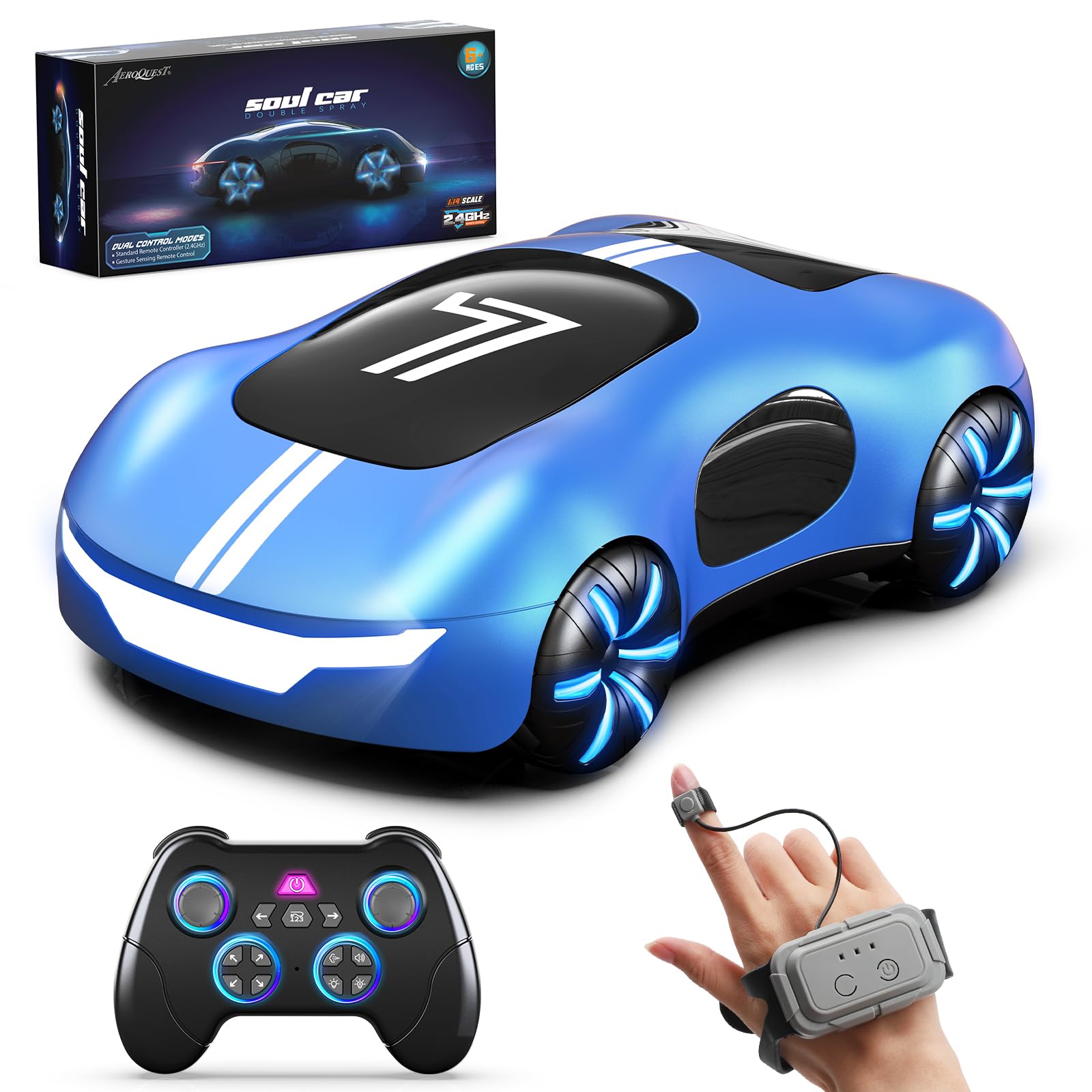 AEROQUEST Coche teledirigido de Juguete, Sensor de Gestos Recargable RC Stunt Auto con luz y pulverización, 2,4 GHz RC Drift Coche de Juguete Regalo para niños a Partir de 6, 7, 8, 9, 10+ años