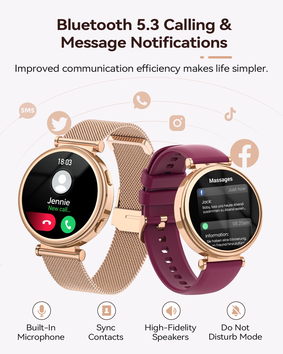 SWGOTA Smartwatch Donna con Chiamate, 1.27" Orologio Smartwatch con Fisiologia Femminile, 24H Cardiofrequenzimetro SpO2 Sonno, 120+ Sports Smart Watch Rotondo per Android iOS, Regalo Donna Oro Rosa