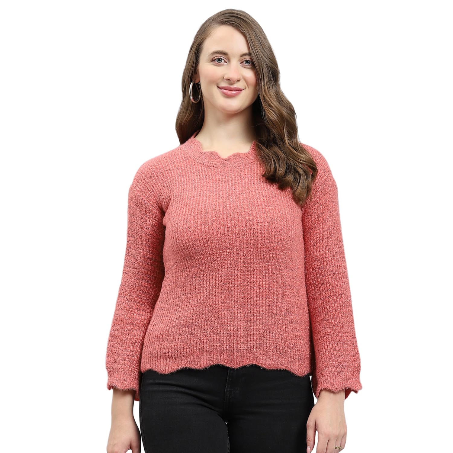 Women's Wool Blend Self Design Round Neck Sweater