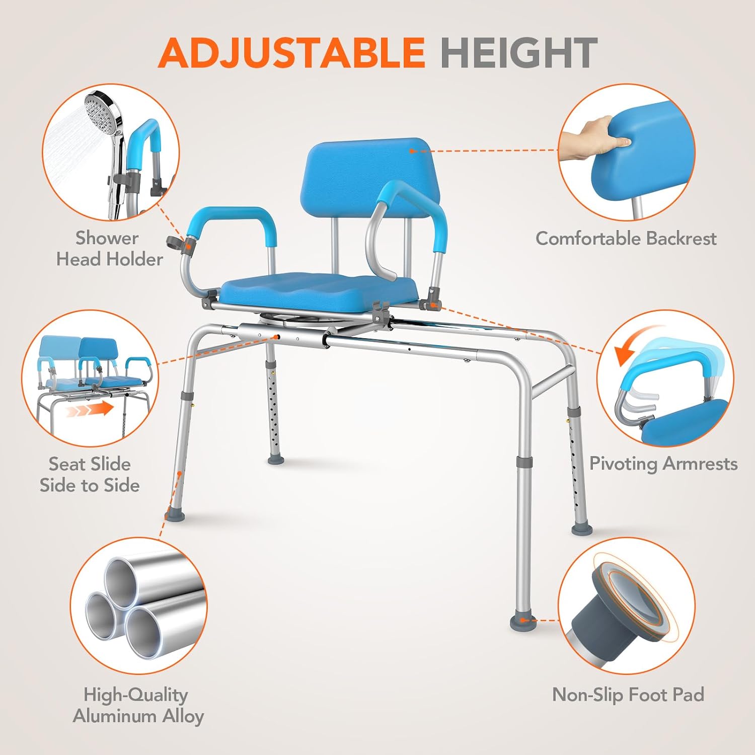 Sliding Shower Chair with Swivel Seat, Tub Transfer Bench for Bathtub, Padded Shower Bench with Pivoting Arms, Height Adjustable Shower Seat for Tubs, Inside Shower for Handicap & Seniors 330LB-Blue Slide&Swivel Chair