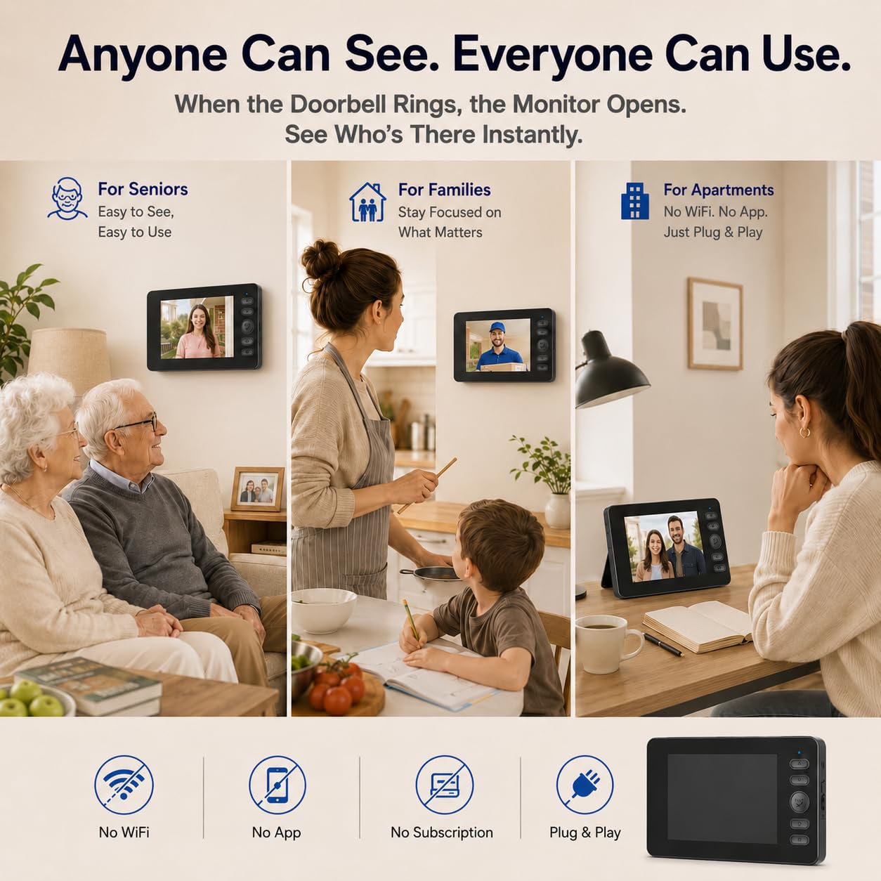 Winnes 1080P Video Türklingel mit Kamera Drahtlose Video Türklingel mit 4,3" Display,170° Weitwinkel, Nachtsicht, Zwei-Wege-Audio, Unterstützt aktives Aufwachen,IP65 Wasserdicht,Keine App & WLAN