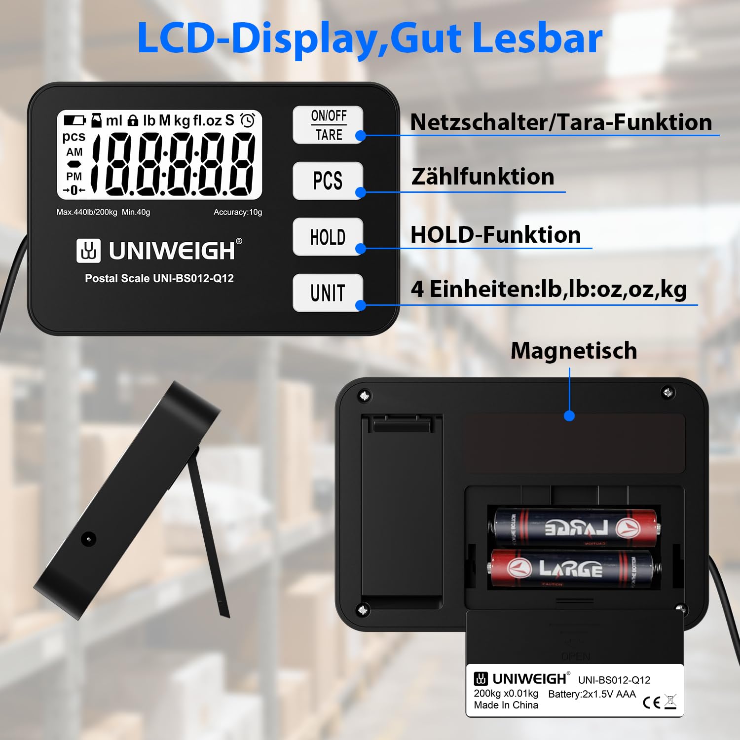 UNIWEIGH Paketwaage 440 lb/0,35 oz Genauigkeit, digitale Briefwaage für Pakete mit PCS/Halte/Tara Funktion, Plattformwaage für kleine Unternehmen, Gepäck, Heimgebrauch, Batterie und USB-A