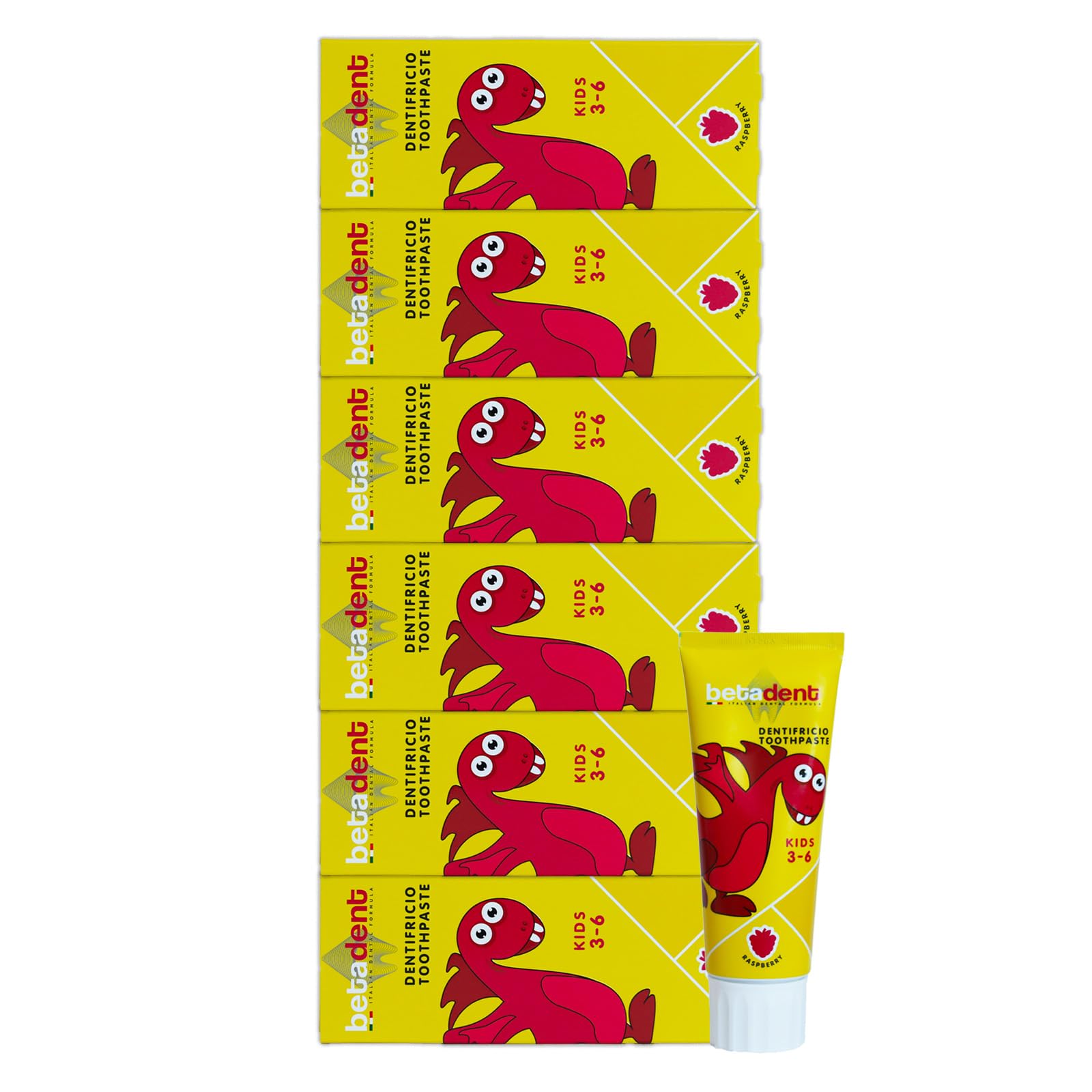 Betadent Set mit 6 Zahnbürsten für Kinder von 3-6 Jahren. Geschmack Himbeere. Wirkung: Anti-Plaque und Anti-Karies. Ausgewogene Dosierung von Fluorsalzen bei einer Konzentration von 430 ppm F. 6 x 75