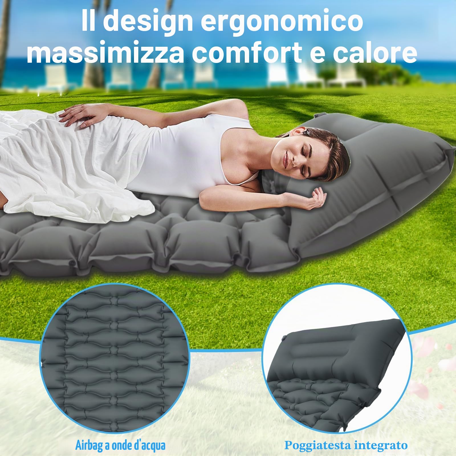 Materassino Campeggio Autogonfiante, Materassino da Campeggio, Portatile Materassino Autogonfiante con Pompa a Pedale e Cuscino, 10cm Spessore per Campeggio, Outdoor, Spiaggia, Escursionismo