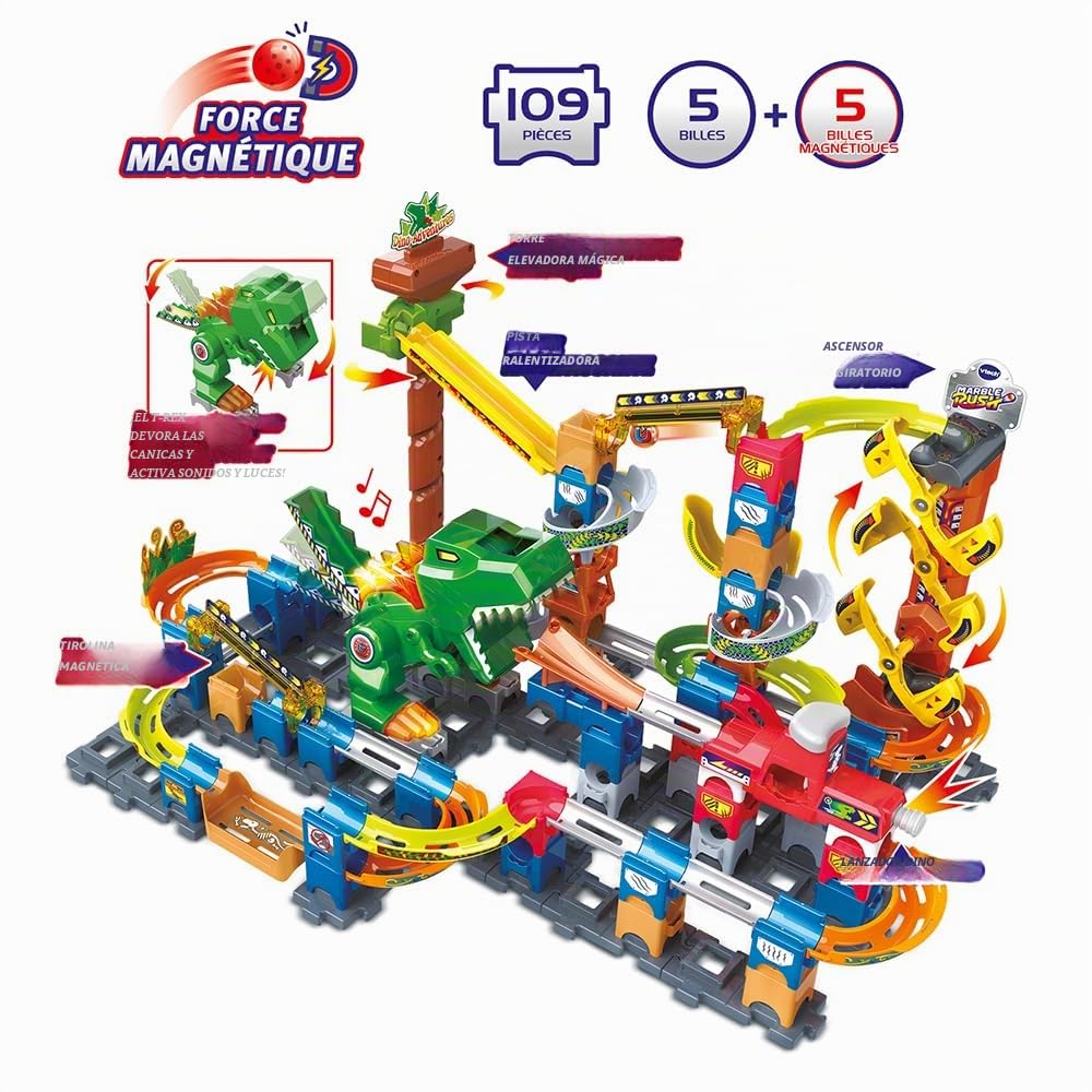 VTech – Juego de construcción magnética Dinosaurio, 100 Unidades, 10 Bolas, Regalo para niños a Partir de 4 años – Contenido en francés