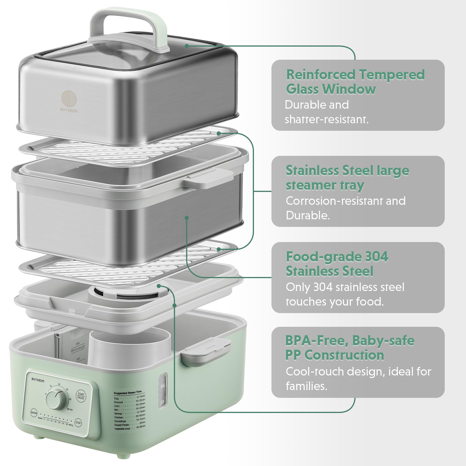 BUYDEEM G52 Elektrischer Lebensmitteldampf, 10,6 Liter für 4-8 Portionen, Gemüsedampf zum Kochen, 2 Stunden automatische Wartung, 7 voreingestellte Zeiten, doppelt