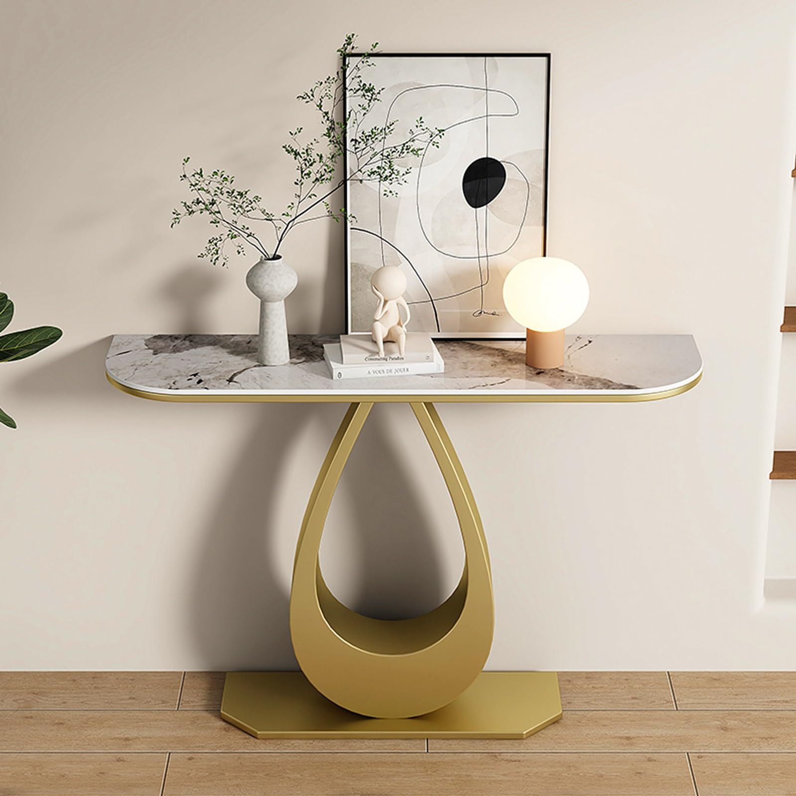 Tonuuoei Entryway Table with Marble Top & Metal Base, Modern Hallway Console Sofa for Foyer, Living Room, or Corridor(Gold B,150cm/59in)