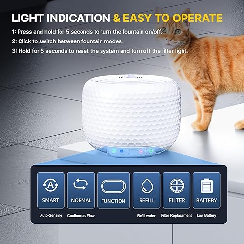 Miniatura 4 de Cat Water Fountain, 62oz/1.8L Pet Water Fountain with Ultra Quiet Pump, Small Cat Fountain with Two Flow Modes, Includes 3 Filters (White, ABS)