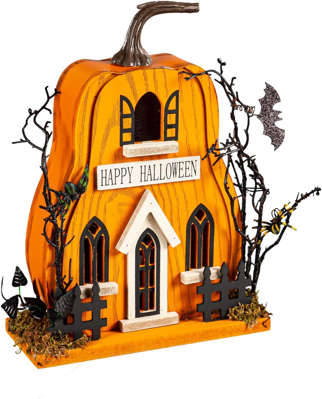Evergreen 11.5 x 8.7 LED Wood Happy Halloween Haunted Pumpkin House Table Decor