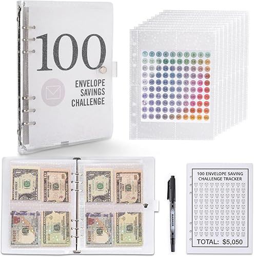 Miniatura 1 de 100 sobres desafío de ahorro de dinero, carpeta de desafío de 100 sobres, carpeta de ahorro de dinero, libro de presupuesto con sobres de efectivo