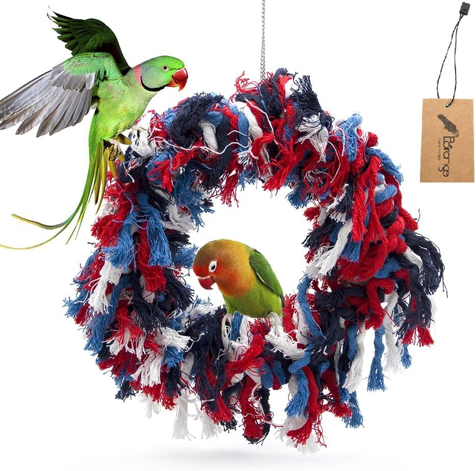 Borangs Bird Toys Parrot Shredding Toys Birds Cotton Preening Grooming Ropes Colorful Hanging Swing Snuggle Ring Toy Bird Cage Accessories for African Grey Cockatoos Conure Parakeet Quaker, 12 inch
