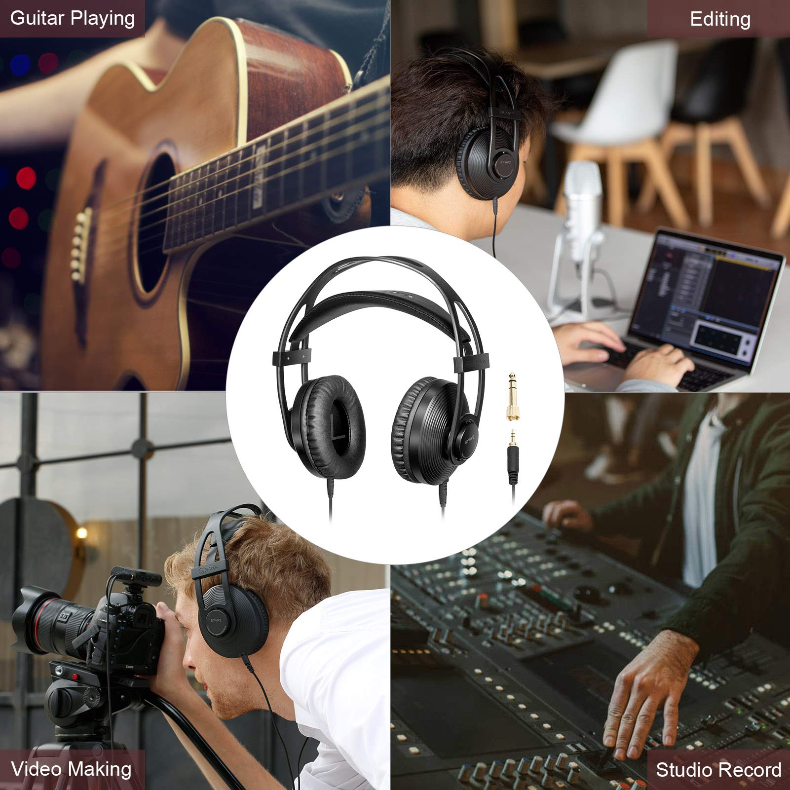 BY-HP2 - Auriculares con monitor de vídeo de alta fidelidad, sonido de proteína suave, almohadillas para orejas con salida estéreo de 3,5 mm y 6,35 mm para cámara de DJ, difusión, podcast, reunión