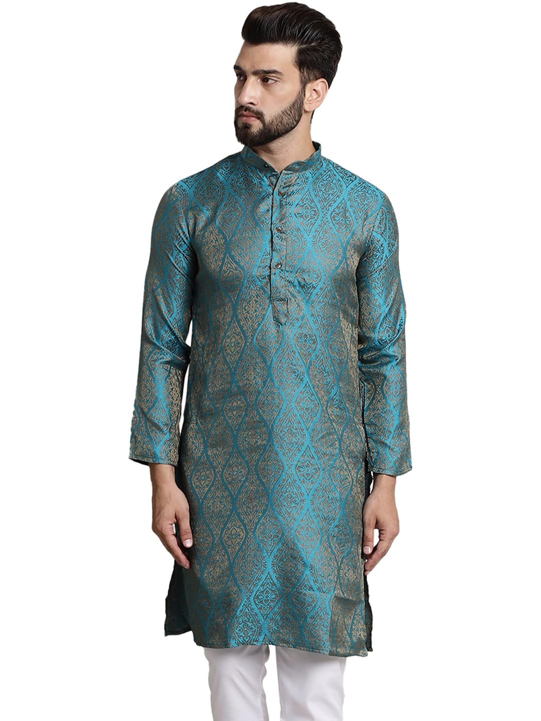 Sojanya (Since 1958 Men's Silk Blend Teal Blue Color Self Design Only Long Kurta