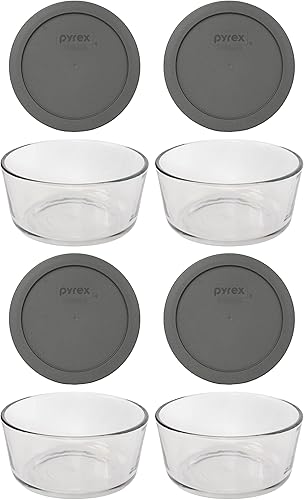 Pyrex 7201 Cuenco de vidrio de 4 tazas y tapa gris charco 7201 (4 unidades) - Fabricado en Estados Unidos