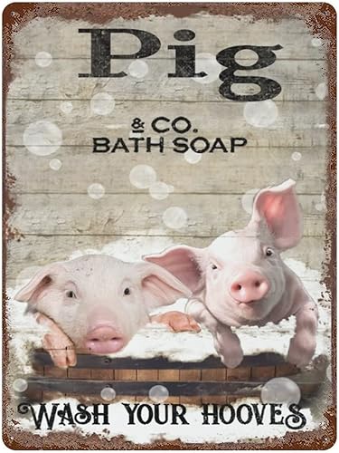 Placa colgante de hierro vintage, divertido cerdo para baño, letrero de metal de estaño, decoración de pared de cerdo para inodoro, cerdo, lava tus