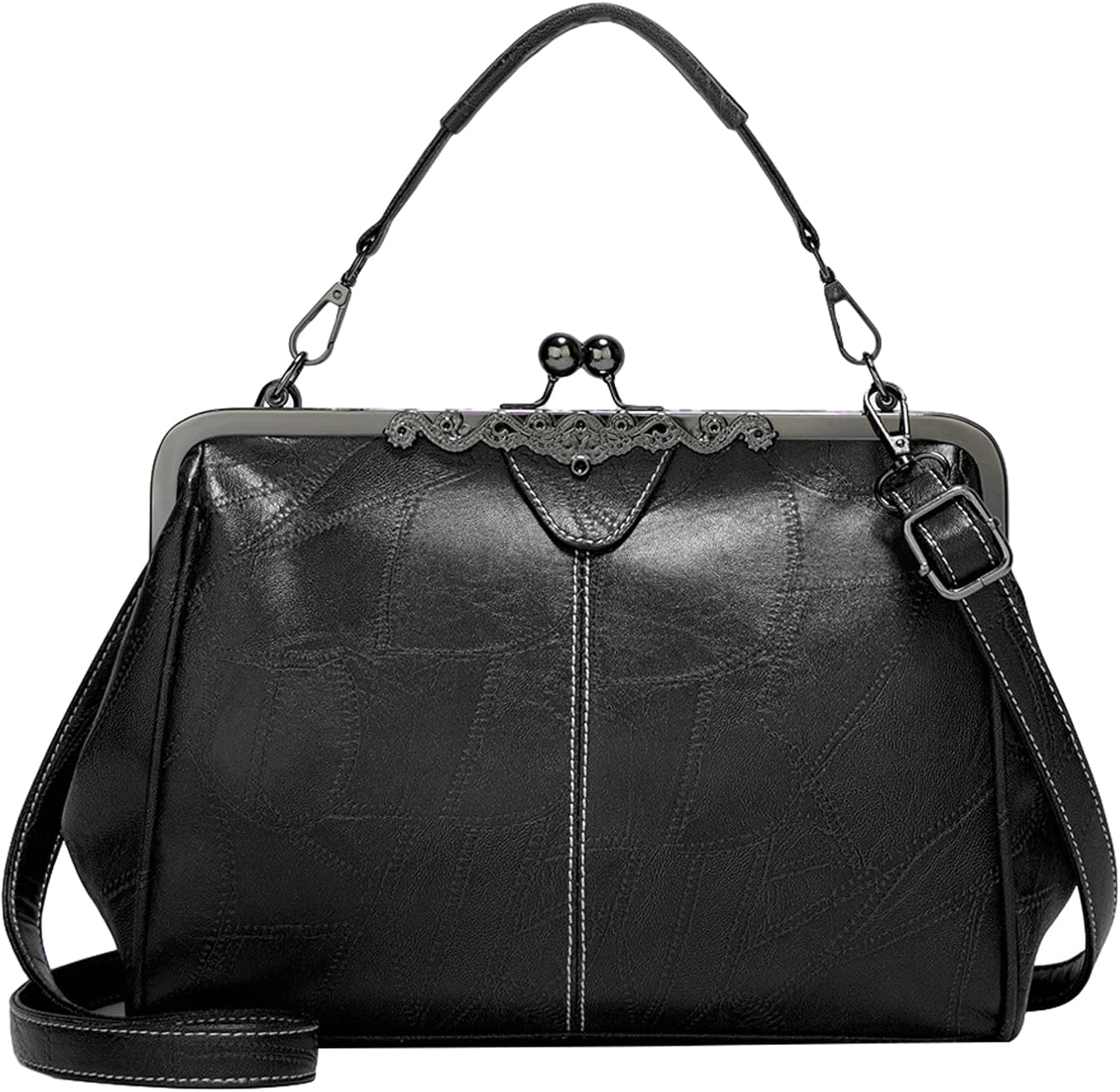 Women Vintage Crossbody Bag Top Handle Kiss Lock Handbag Retro Daily Purse PU Leather Tote Women Satchel Messenger Bag