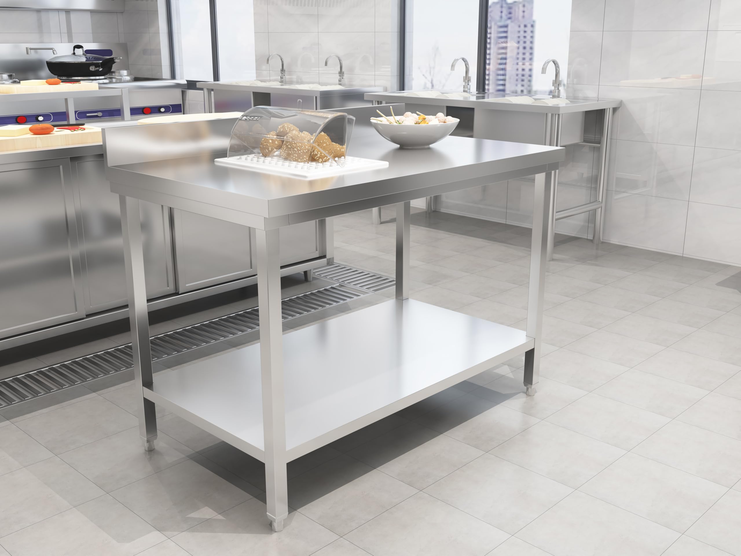 METRO Professional Tavolo da lavoro con alzatina GWTS4147B, acciaio inox, 140 x 70 x 85 cm, 2 ripiani, argento, ideale per ristoranti