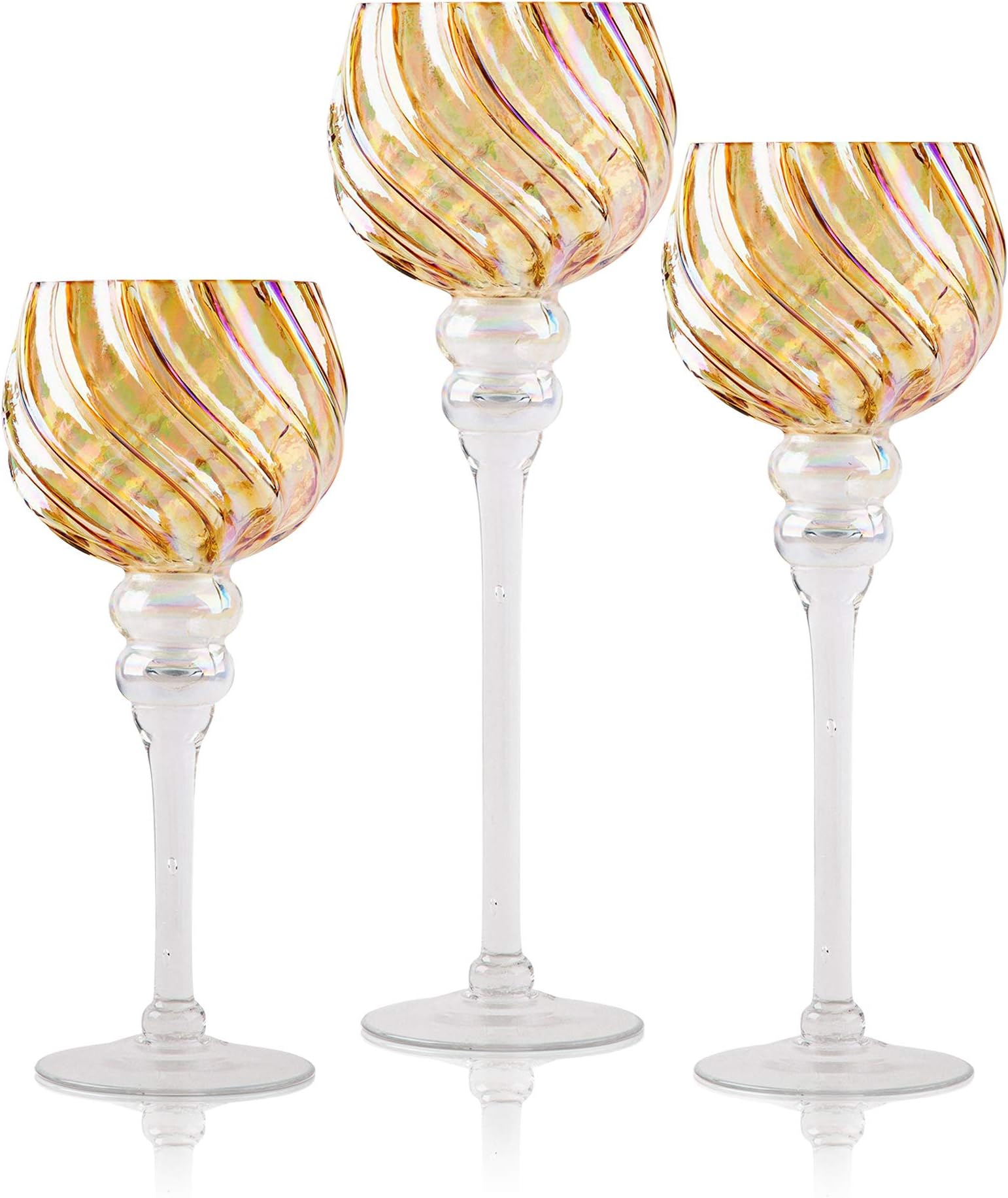 Long Stem Glass Candle Holders, Set of 3 Amber Luster Hurricanes for Tealight, Votive and Pillar Candles - Home Decor, Wedding Accent, Event or Party Centerpiece