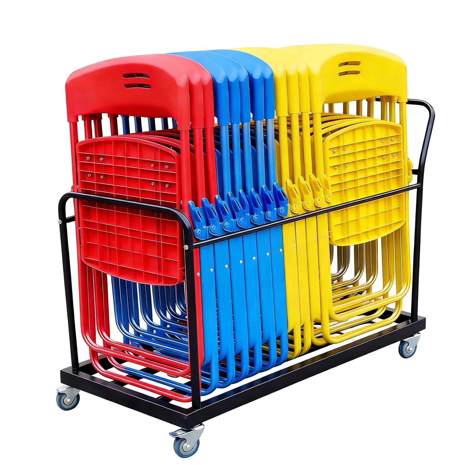 Chariot de rangement pliable robuste avec roues verrouillables, peut contenir 16 à 20 chaises, design anti-chute avec deux poignées pour un transport facile