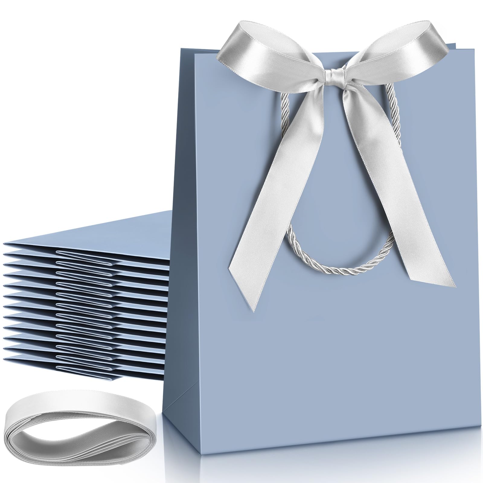 Silkfly 12 Pcs Thank You Gift Bags with Handle 9 x 7 x 3.15'' Welcome Gift Bags with Bow Ribbon for Wedding Bridal Baby Shower Birthday Housewarming Christmas Party(Dusty Blue) — image 1