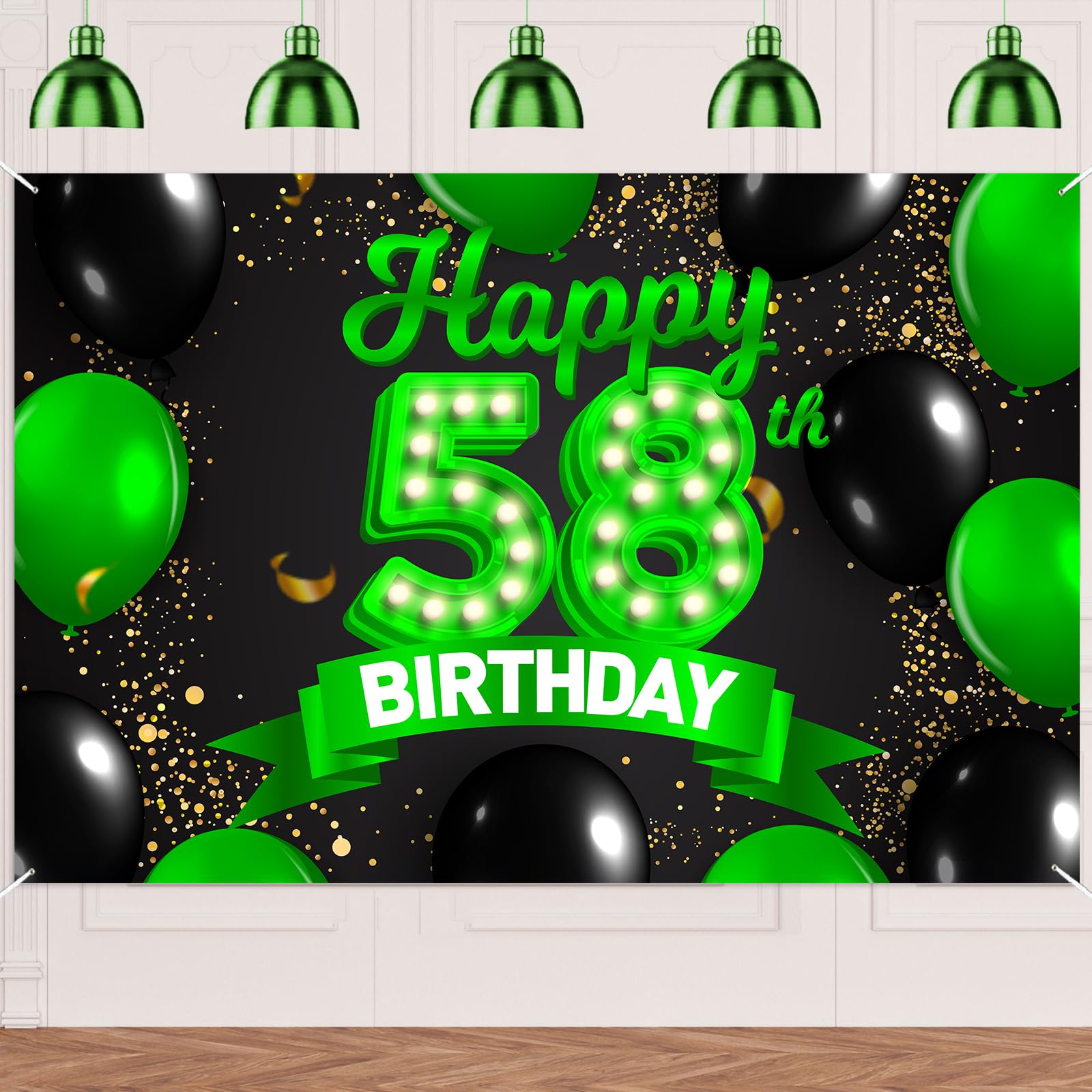 Happy 58th Birthday Green and Black Banner Backdrop Cheers to 58 Years Old Confetti Balloons Theme Decor Decorations for Women 58 Years Old Birthday