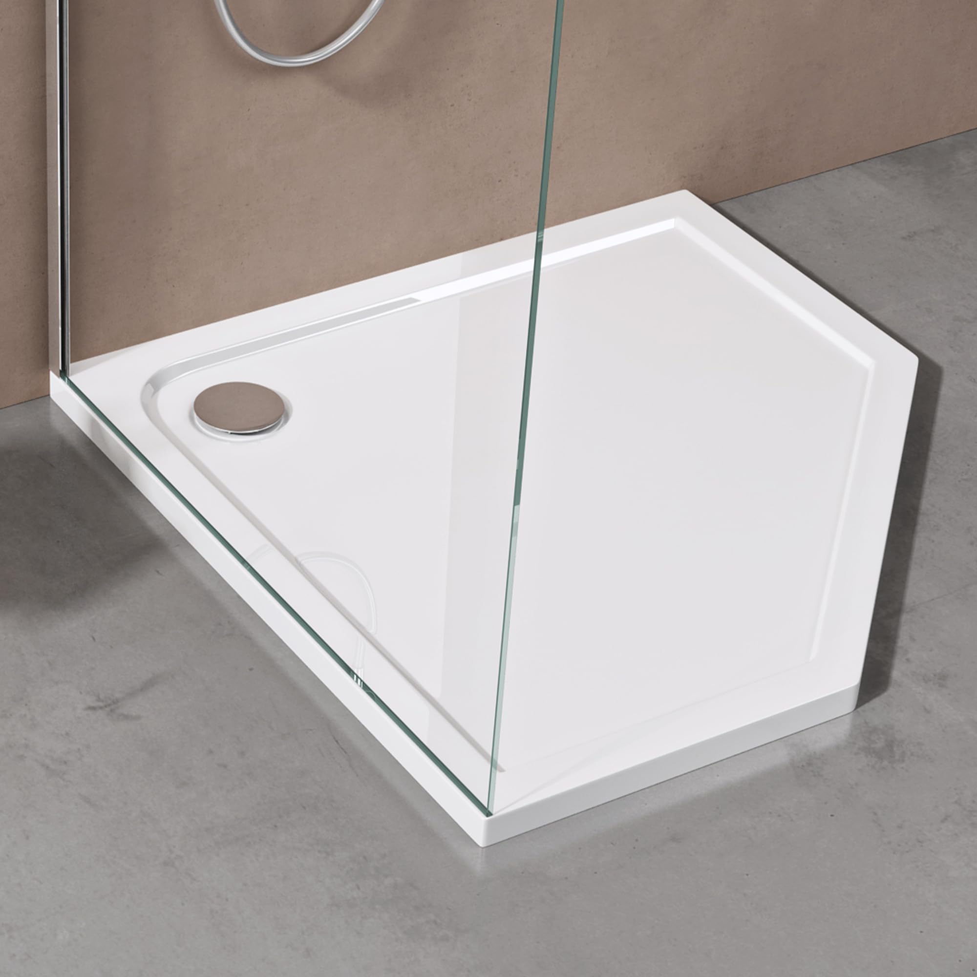 doporro Plato de Ducha Plano 100x100x4 cm Pentagonal en Acrílico Blanco, Ideal para Instalación a Nivel del Suelo y Conexiones DIN Faro5W
