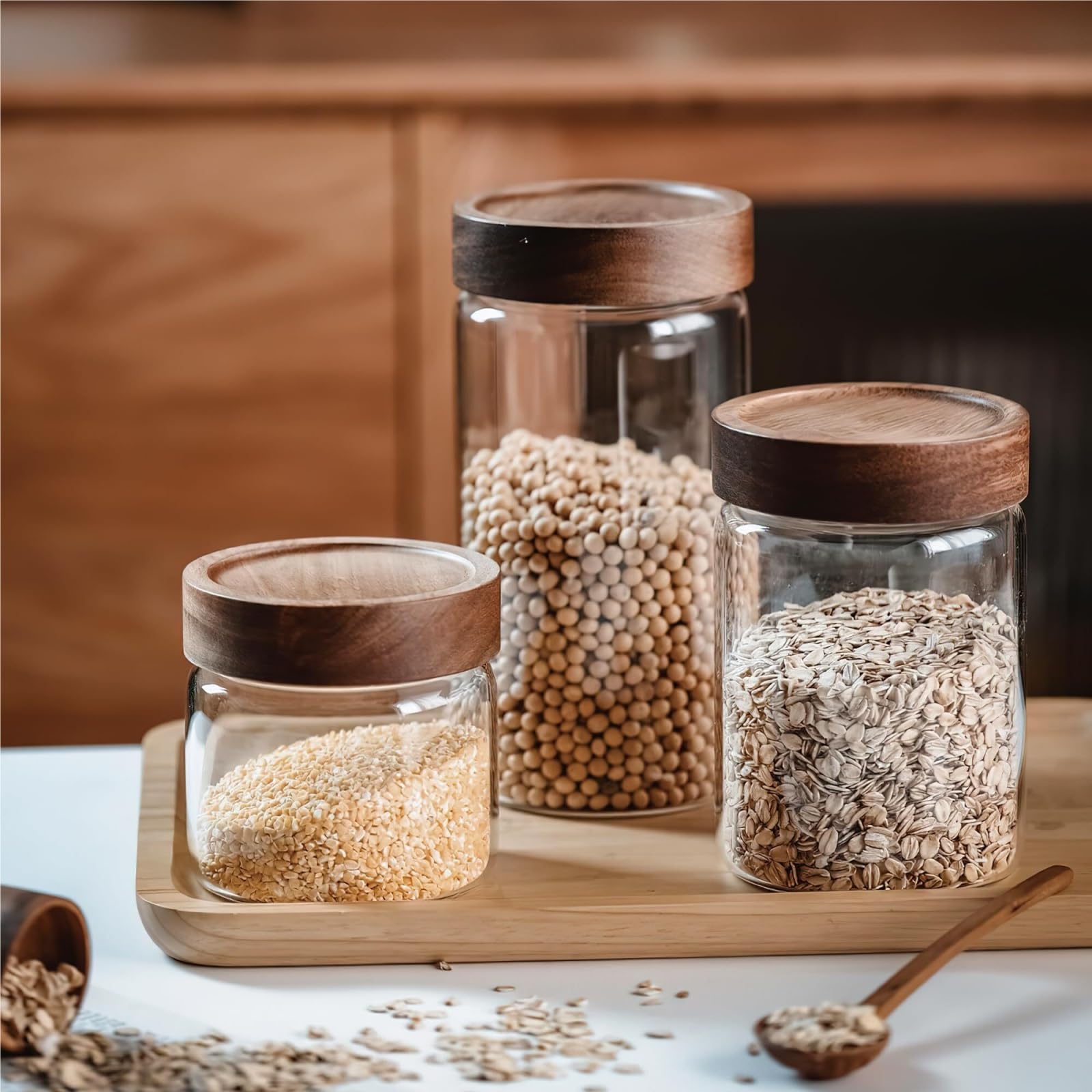 Vorratsgläser mit Deckel Set Mit 3 Vielseitigen Glasbehältern Luftdichtem Holzschraubdeckel, Heimdekoration Aufbewahrungsgläser Küche(175ml)