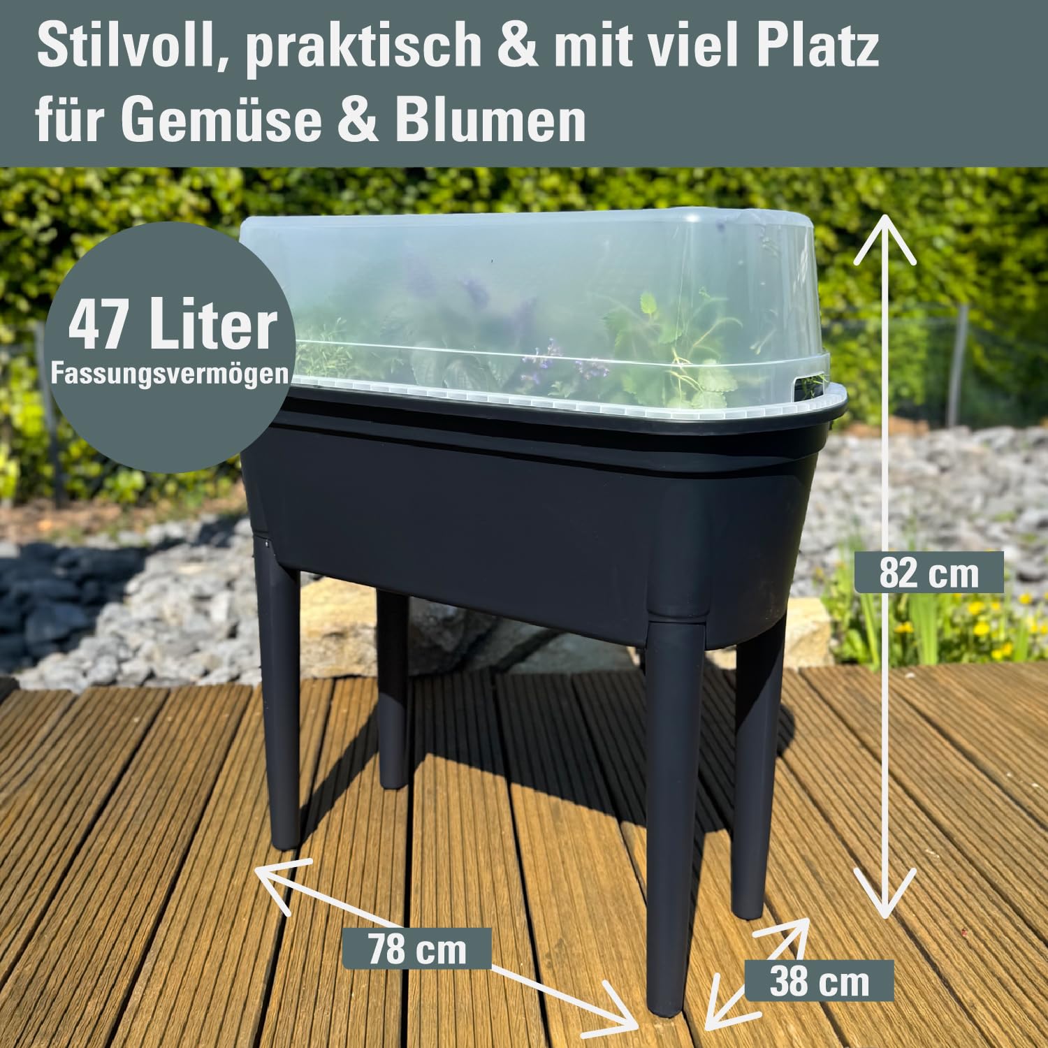 Prosperplast Jardinière surélevée Bloomo 78 x 82 x 37 cm avec pieds et couvercle amovibles | Jardinière surélevée pour jardin et balcon | en plastique robuste | Anthracite | résistant aux intempéries