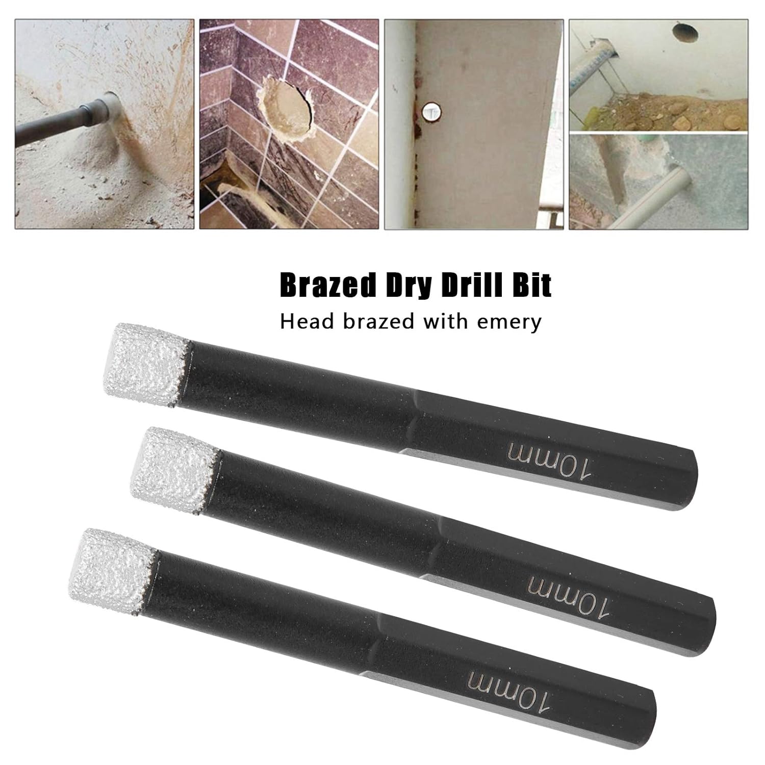 3Pcs Brazed Dry Drill Bit Hex Shank Hole Saw Cutter, 10mm Drill Bit for Granite Ceramic Tile, No Water Needed, Suitable for Electric Hand Drill and Bench Drill, Bla