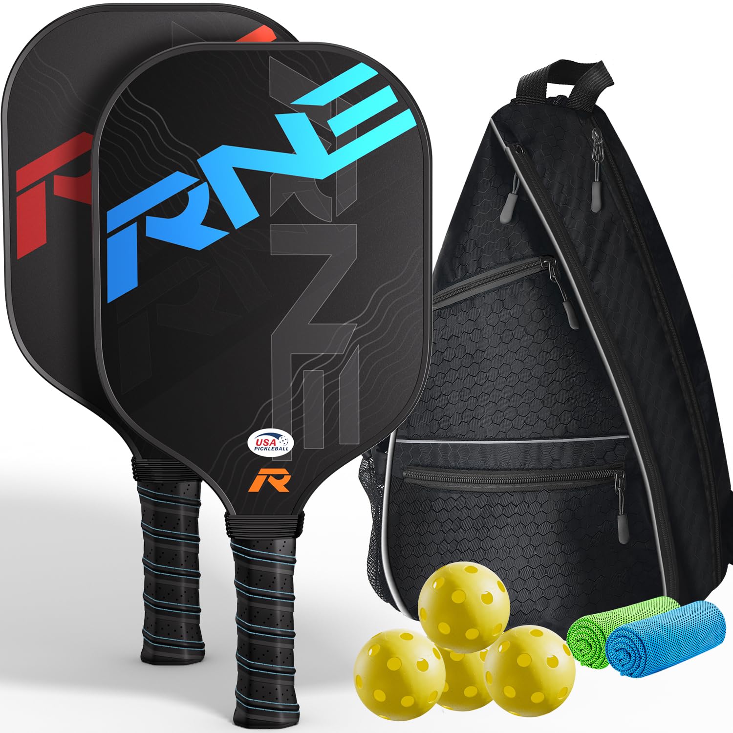 Pickleball Paddles Set of 2, Fiberglass Pickleball Set with 2 Pickleball Paddles, 4 Pickleball Balls, 1 Pickleball Bag, 2 Cooling Towels, Lightweight Pickle Ball Rackets for Women Men Gifts