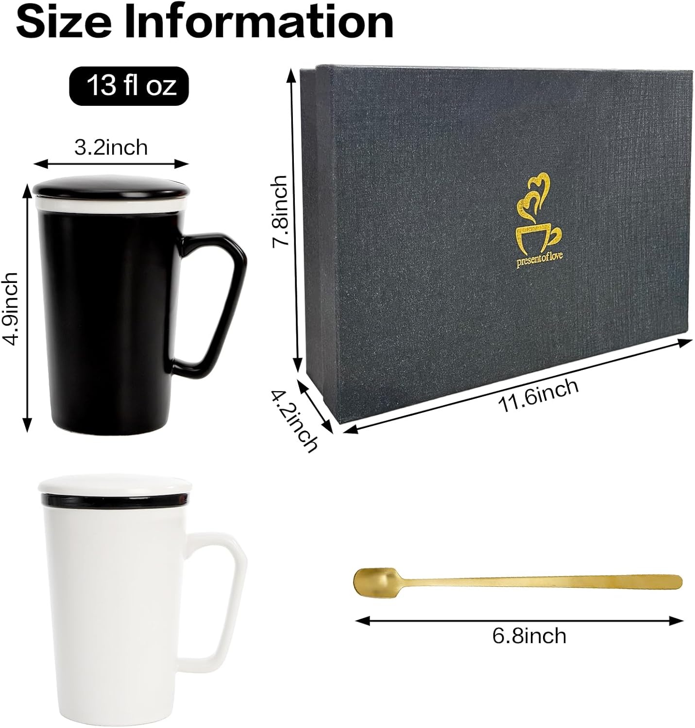 ZENFUN 2 Pc Ceramic Mugs Set for Couple, Coffee Mugs with Gift Box, Engagement Wedding Gift His and Hers, 13 oz Porcelain Mug Set with Lid and Gold Spoon(Black&White) - Image 2