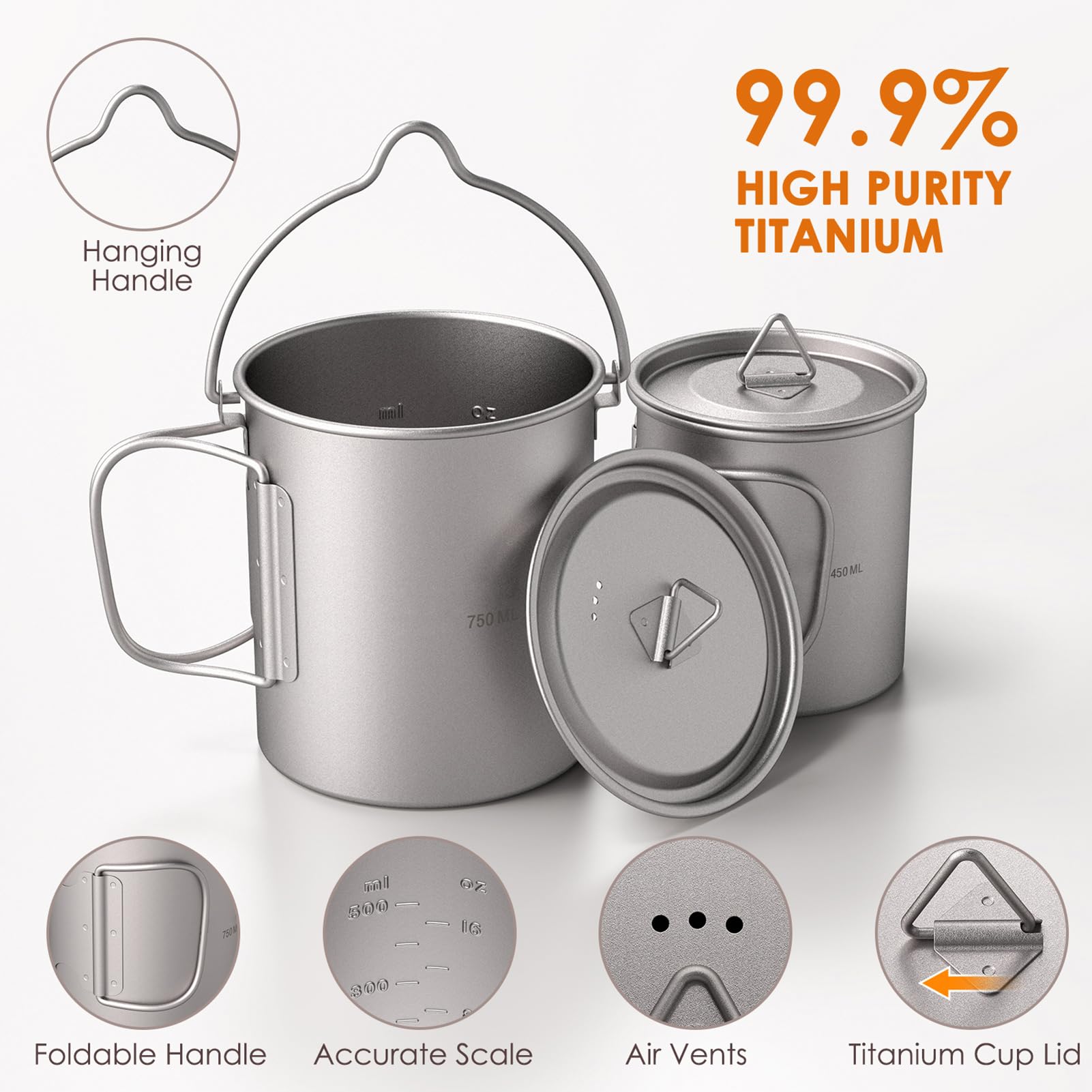 750 Ml Titan-Wasserbecher mit Deckel und Griff – Leichter Topf für Camping, Wandern, Rucksackreisen