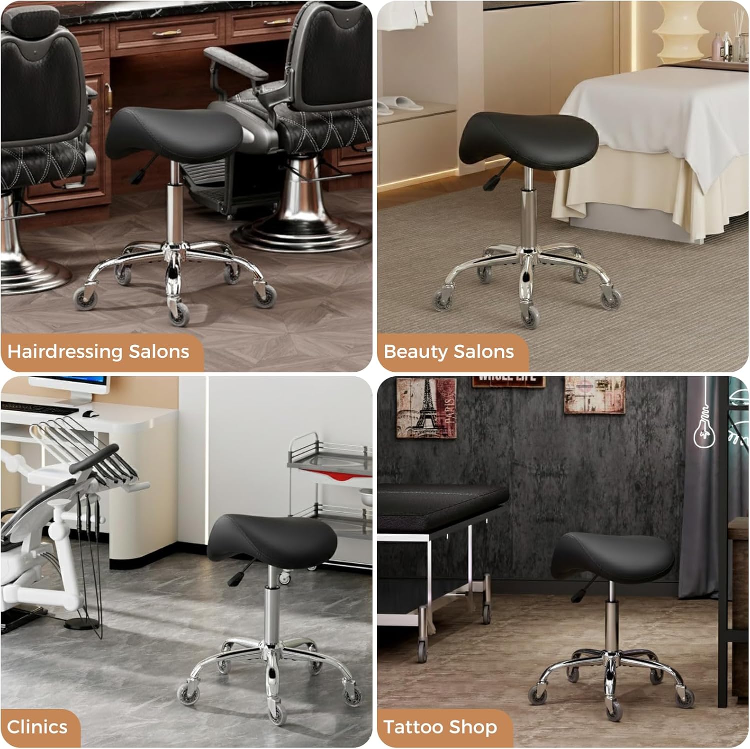 BEWISHOME Ergonomic Rolling Saddle Stool, Height-Adjustable Rolling Swivel Saddle Stool Chair with Thickened Saddle Seat Padding, for Salons, Spas, Office, Black BMD02B - Image 9