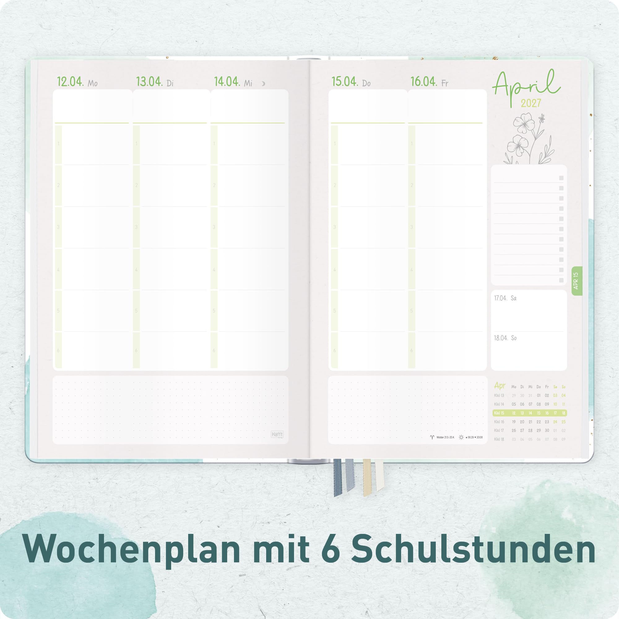 Häfft® Lehrerplaner Grundschule 2026/2027 im A4+ Format Hardcover - Schuljahr 12 Monate (Aug 26 - Jul 27) Lehrerkalender & Unterrichtsplaner für Klasse 1–4 "Watercolor Dots"