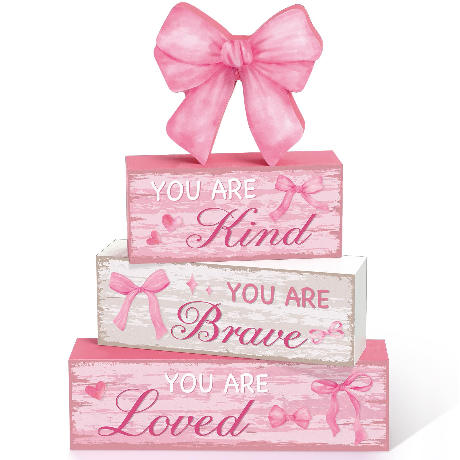 Capoda 4 Pieces Pink Bow Room Decor Bow Tiered Tray Decor Your are Kind, Brave, Loved Centerpiece Wooden Signs for Farmhouse Home Office Entryway Preppy Coquette Inspirational Table Decorations