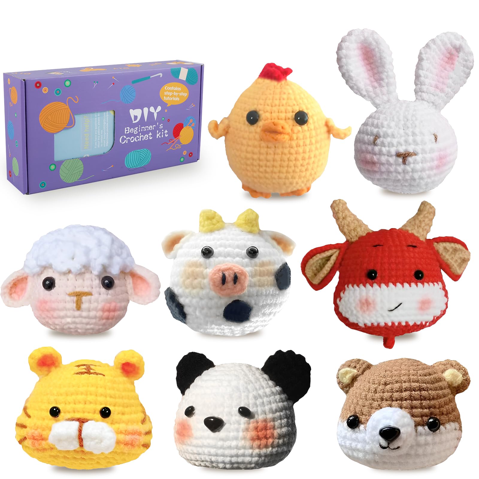 Alongen 1 8Pcs Beginners Crochet Kit, Complete Crochet Knitting Kit Cute Animal Crochet Starter Pack,Include Yarn, Eyes, Stuffing, Crochet Hook,Step-By-Step Video Tutorial