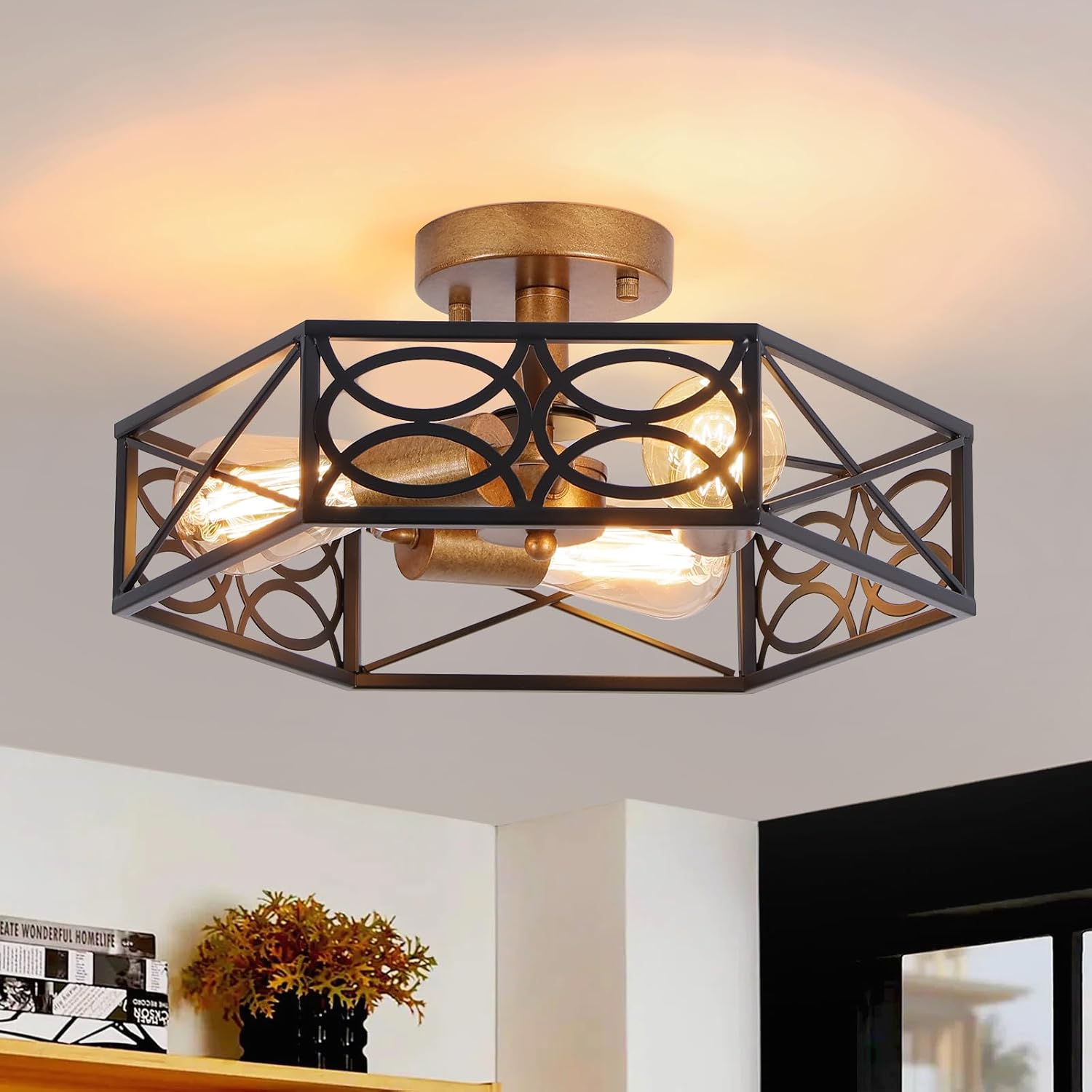 Industrial Semi Flush Mount Ceiling Light Fixture, Retro Gold Close to Ceiling Light with Black Metal Hexagon Cage, Vintage Farmhouse 3-Light Ceiling Lamp for Kitchen, Hallway, Bathroom