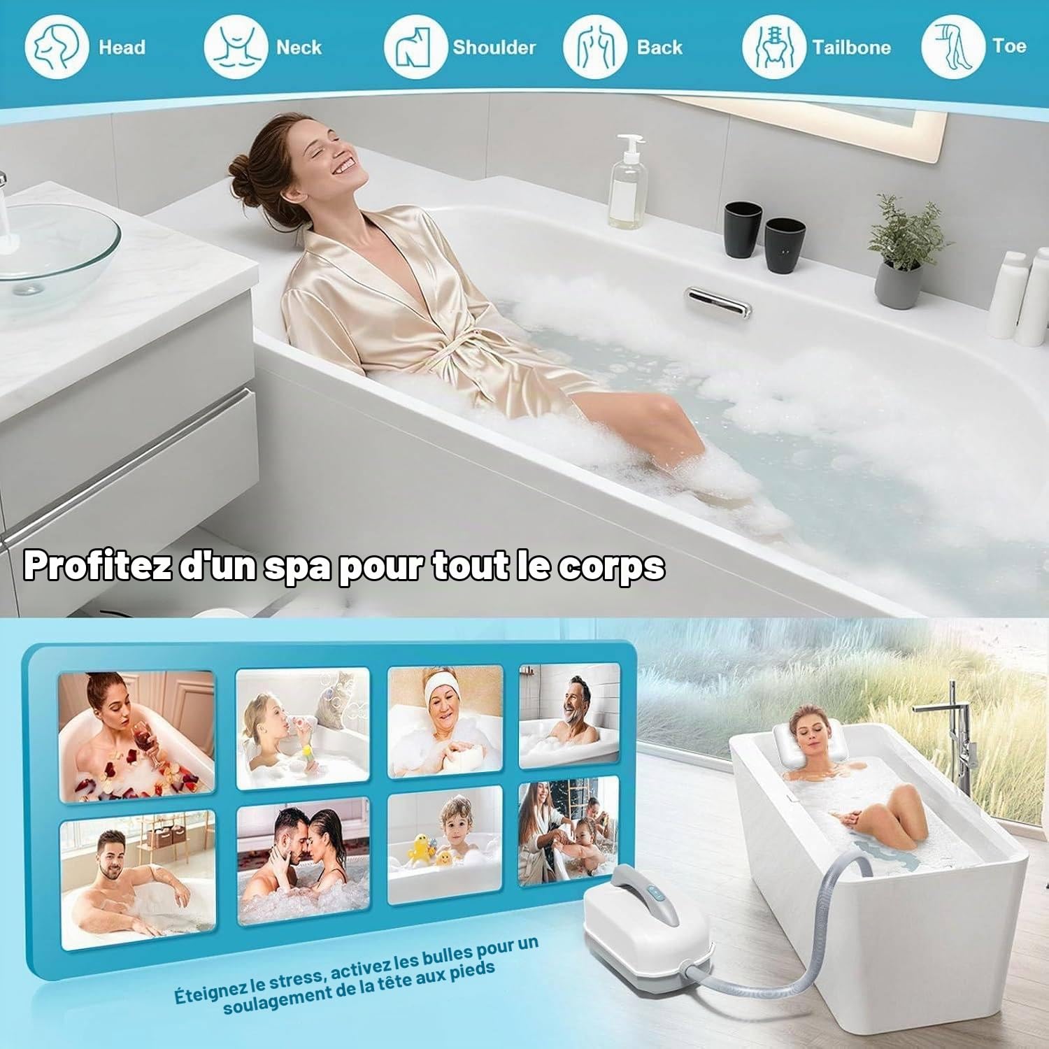 Tapis De Bain à Remous Portable pour Spa, Baignoire à Tapis à Bulles avec 6 Niveaux Réglables Et Télécommande, Pompe à Air Et Lumières LED, Machine à Bulles pour Baignoire