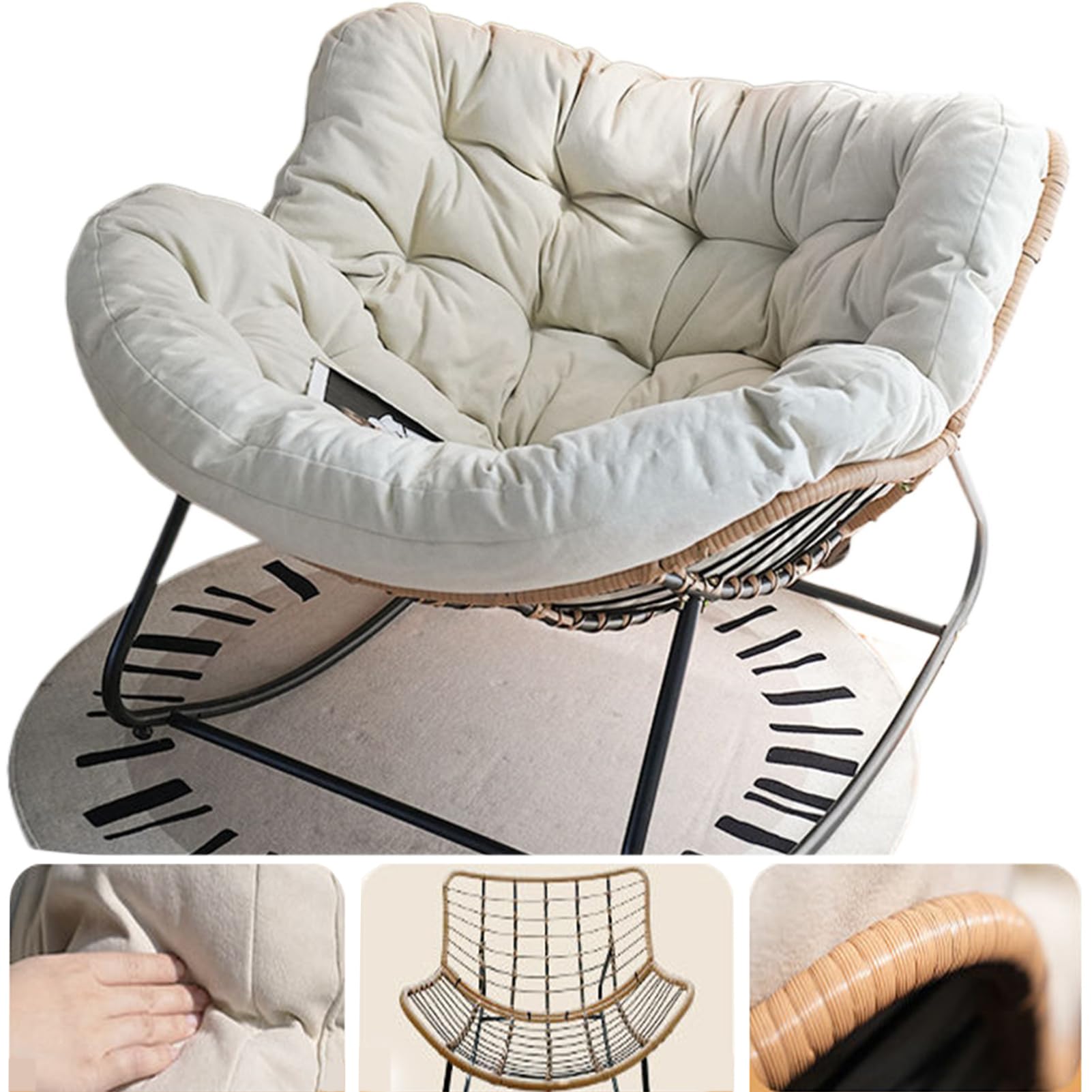 BYGSBKDP Oversized Outdoor Rocking Chairs for Adults, Papasan Egg Rocking Chair, Comfortable Skin-friendly for Indoor Bedroom Living Room Porch Garden Patio with Thick Cushion (White,Large)