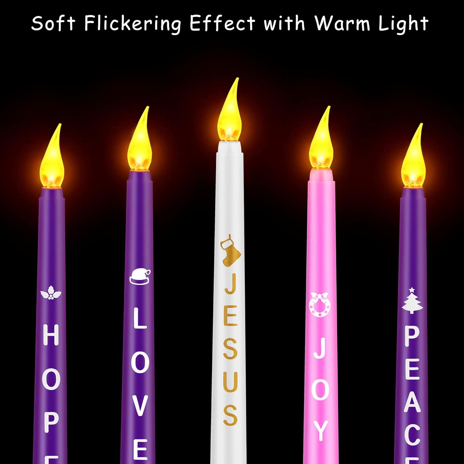 Fovths 5 Pack LED Advent Candles With Words Hope Peace Love Joy Jesus - Flameless Taper Candles for Christmas Wreath Celebration Decor, Pink, Purple, White
