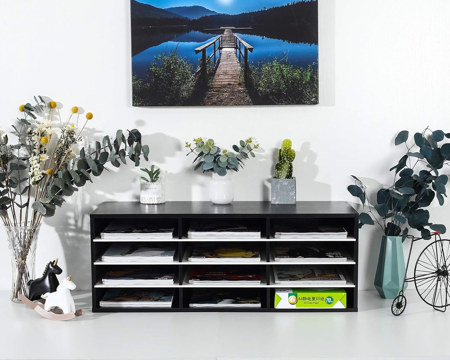 PAG Wood Desktop Literature Organizer Adjustable File Sorter Mail Center Magazine Holder Paper Storage Cabinet Classroom Keepers Mailbox, 12 Slots(4 Layers and 3 Columns), Black&White : Office Products