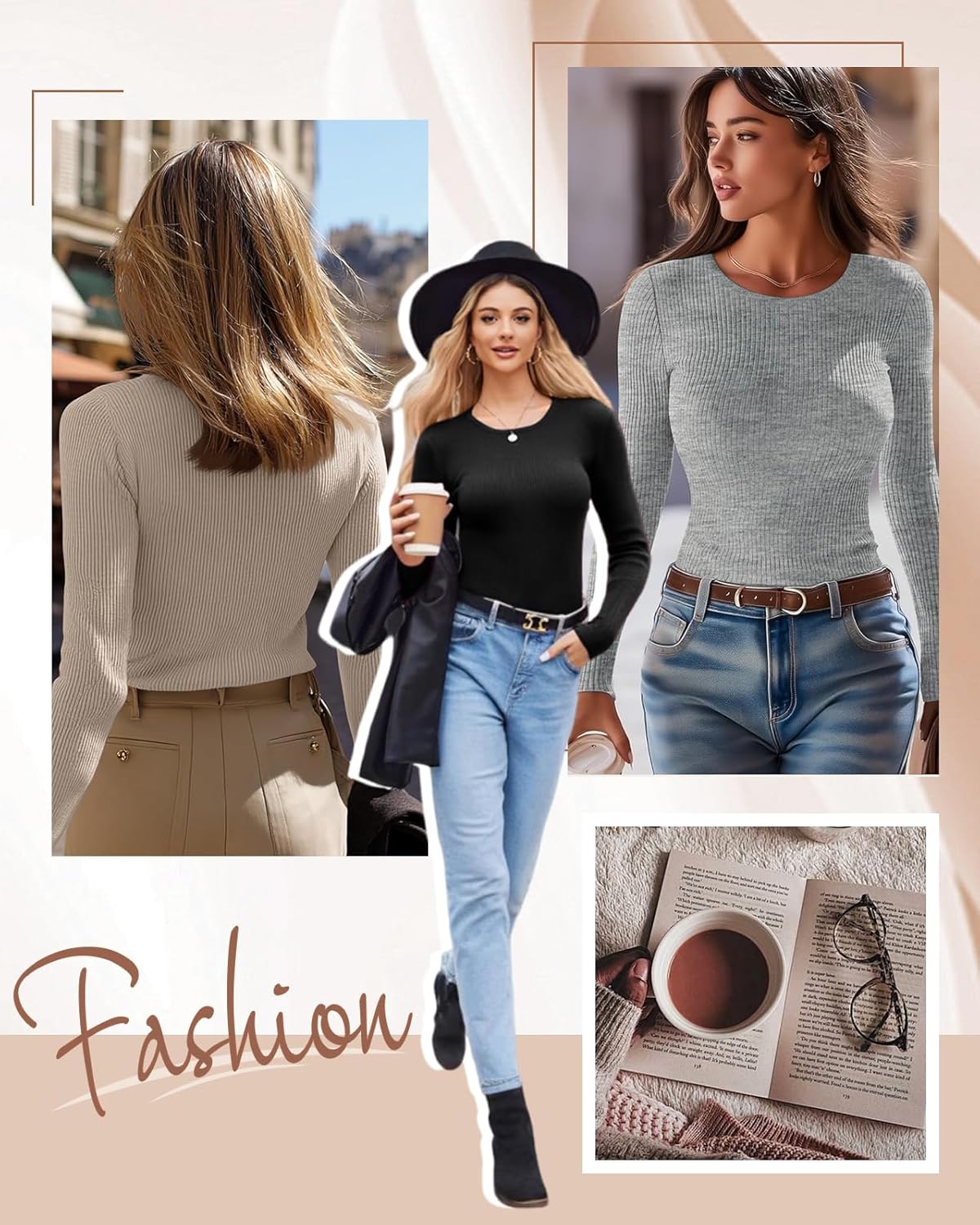 3 Pack Womens Ribbed Long Sleeve Tops, Crew Neck Slim Fit Stretch Layering Basic T Shirts for Casual Wear - Image 2