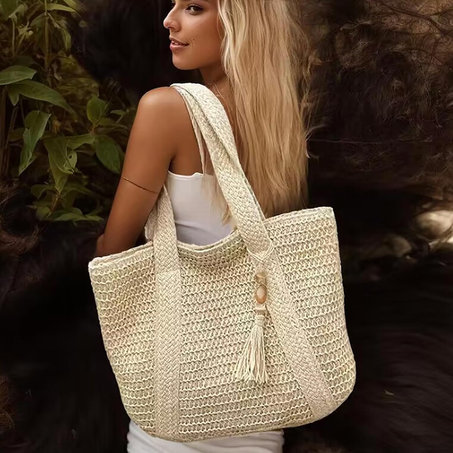 Large Straw Beach Tote Bags For Women Woven Boho Handmade Shoulder Handbags for Summer Vacation Travel with Tassels - Image 2