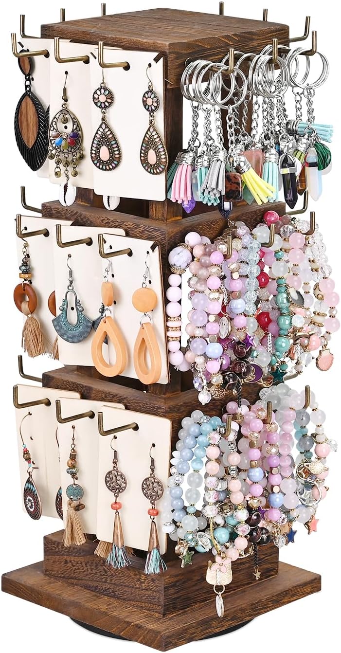 Ikee Design Elegant Wooden Rotating Jewelry Tower, 36 Hooks for Earrings, Bracelets, and Keychains, Versatile Countertop Rack for Store, Tradeshow, and Home, Brown Color