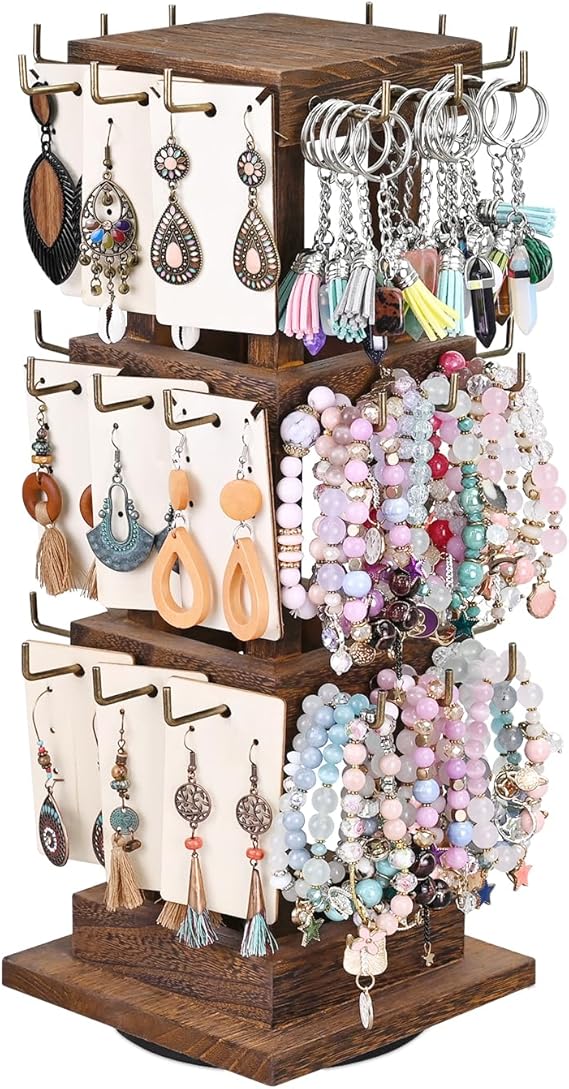 Amazon｜Ikee Design エレガントな木製回転ジュエリータワー イヤリング/ブレスレット/キーホルダー用フック36個 店舗/展示会