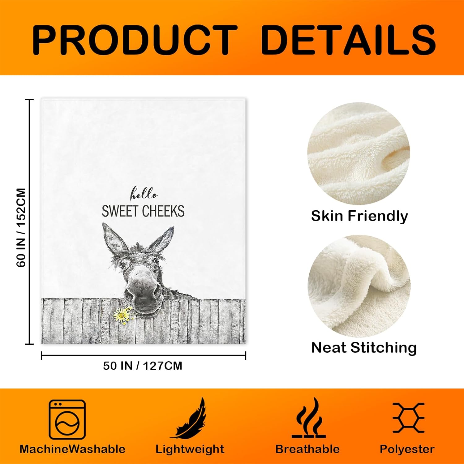 Donkey Throw Blanket,Donkeys Lover Gifts for Women Girls,Rustic Farmhouse Animal Donkey Blanket for Office Bedroom Dorm Decor,50x60 Inches - Image 7