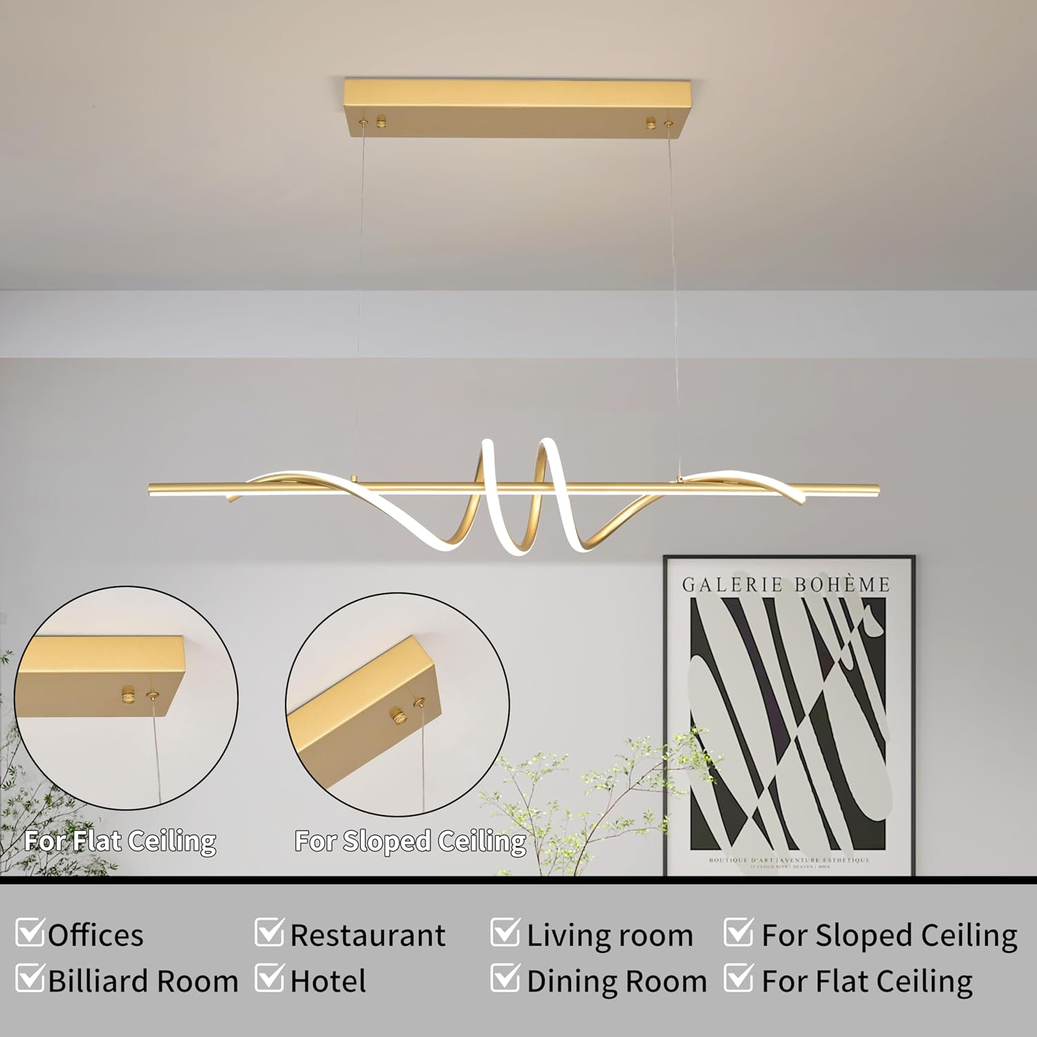 Modern LED Pendant Light, 39.37in Gold Chandelier Dimmable,3000K-6000K Adjustable Color Temperature, Aluminum Modern Kitchen Light Fixture for Dining Room